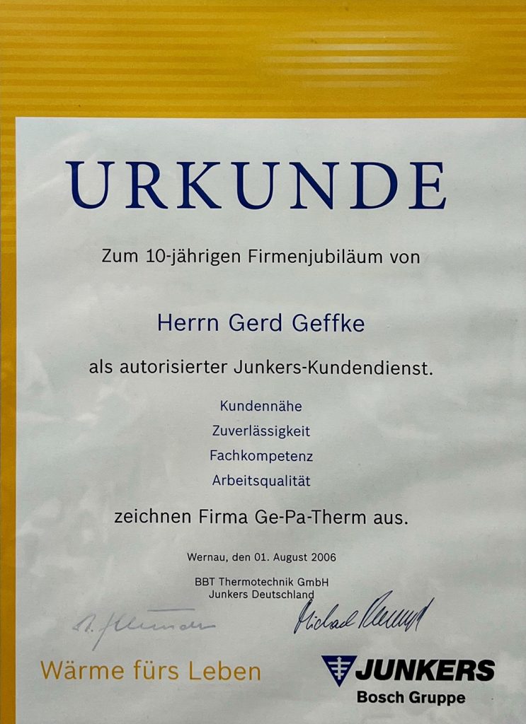 Ge-Pa-Therm Geffke GmbH - 10 Jahre Junkers-Kundendienst